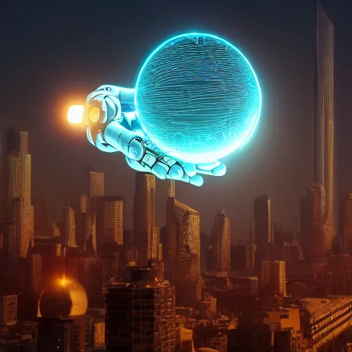 Prompt: A robotic hand reaching for a glowing ball of energy, with a cityscape in the background, by Rashad Alakbarov and Dmitry Groznikov and Gleb Alexandrov and Sergey Kolesnikov, highly coherent, artstation, 8K