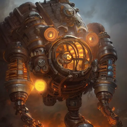 Prompt: a Steam powered mechanical golem, forward facing angle, character design, art by Tooth Wu and justin gerard and Blizzard studios, post-processing, extremely hyperdetailed, intricate complexity, epic composition, masterpiece, trending on artstation