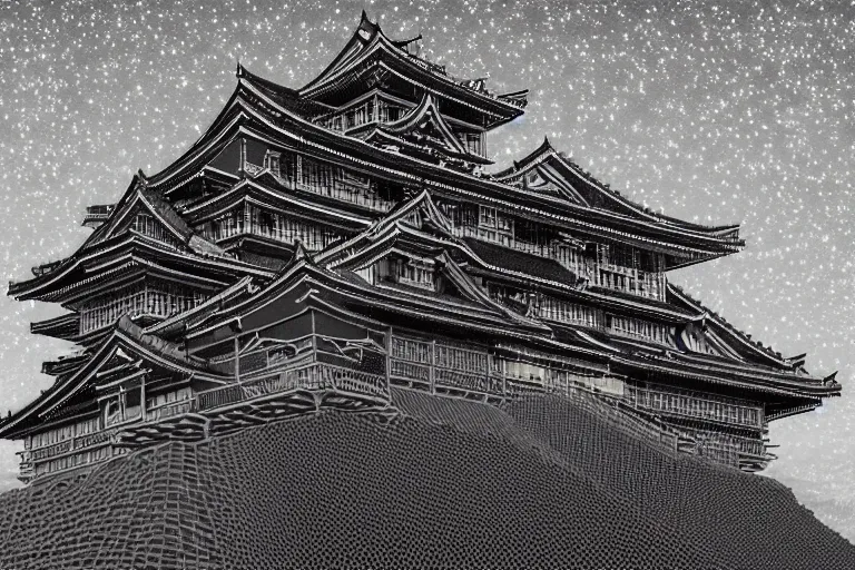 Prompt: a hyper - realistic ultra - detailed kenchiku castle by takato yamamoto and giovanni paolo panini and kris kuksi and mandelbrot. subject in view, symmetrical composition f 1 1 : 6 volumetric lighting, dynamic light, moonlighting, dynamic lighting, starry background, micro details, 8 k, 3 d render, trending on artstation and cgsociety