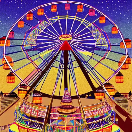 Prompt: a theme park in old egypt, sphynx and pyramids visible, ferris wheel, lights, carnival, illustration, digital art by laura price