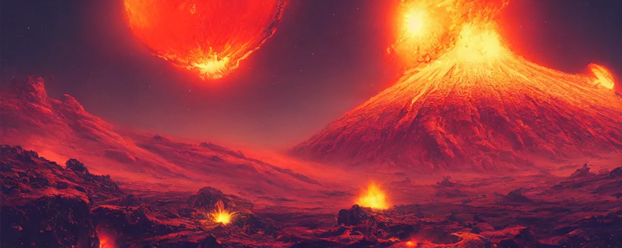 Image similar to ” outer planet with erupting volcanoes, [ art by paul lehr, cinematic, detailed, epic, widescreen, opening, establishing, mattepainting, photorealistic, realistic textures, octane render ] ”