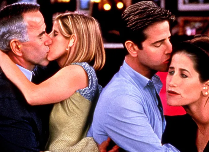 Image similar to film still of joe biden kissing rachel green on the cheek in the show friends