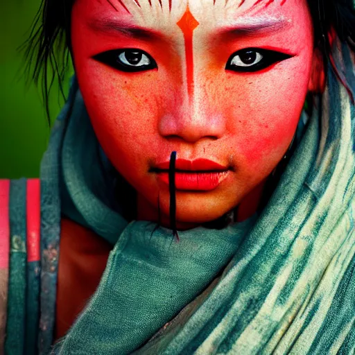 Prompt: portrait of a stunningly beautiful asian tribal female, minimal red facepaint over the eyes in a stripe, depth of field, zeiss lens, detailed, symmetrical, centered, fashion photoshoot, by Annie Leibovitz and Steve McCurry, David Lazar, Jimmy Nelsson, Breathtaking, 8k resolution, extremely detailed, beautiful, establishing shot, artistic, hyperrealistic, beautiful face, octane render