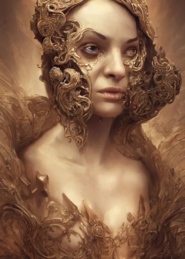 Prompt: woman portrait, face, volumetric, wearing a carved half mask with tiny mineral incrustations, godness, ethereal, mech, evil, elements, baroque, rococo, ink, tarot card enviromet, cinematics lights, detailed, intricate illustration, octane render, fractal, fine art by marc simonetti & peter mohrbacher