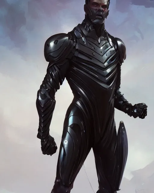 Image similar to wiry muscular male smooth sleek glossy black pearlescent scifi armor, by greg rutkowski and mark brookes and jim burns and tom bagshaw and magali villeneuve, trending on artstation