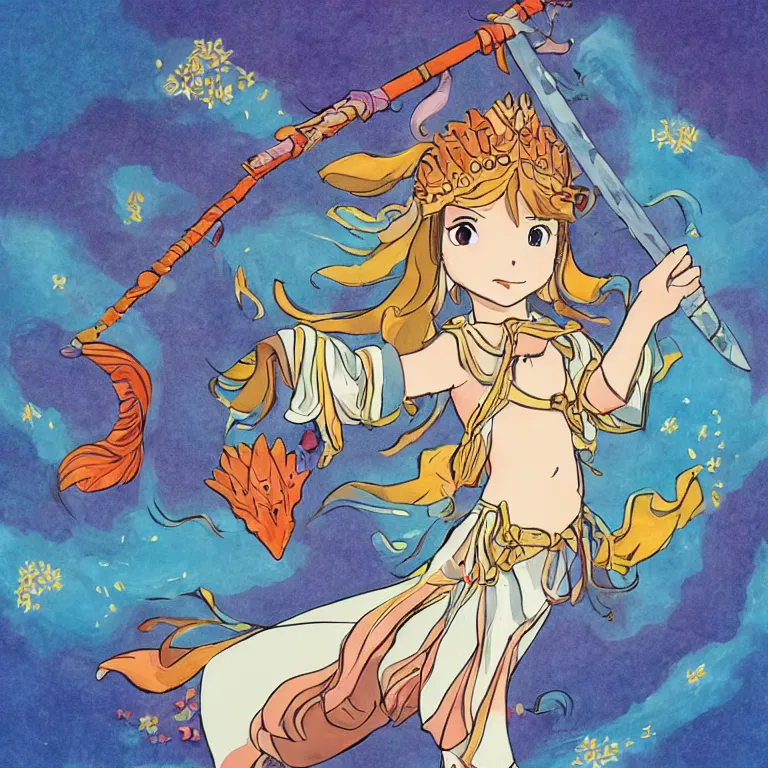 Image similar to young goddess, in goldfish armor, wielding a fish sword, symmetrical, painting in the style of studio ghibli