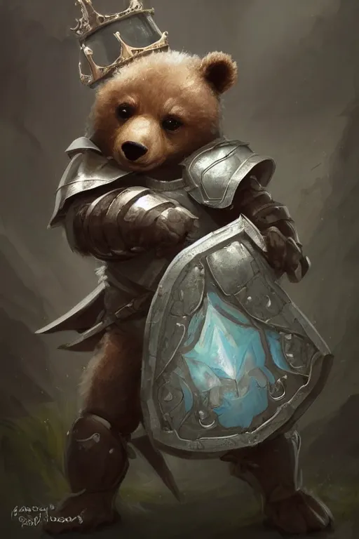 Image similar to cute little anthropomorphic bear knight wearing a cape and a crown, tiny, small, miniature bear, baby animal, short, pale blue armor, cute and adorable, pretty, beautiful, DnD character art portrait, matte fantasy painting, DeviantArt Artstation, by Jason Felix by Steve Argyle by Tyler Jacobson by Peter Mohrbacher, cinematic lighting