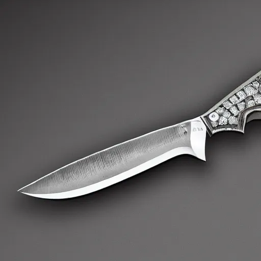 Image similar to knife inlaid of diamonds with engineering description, 8k, details, studio lighting, realism, complex lights