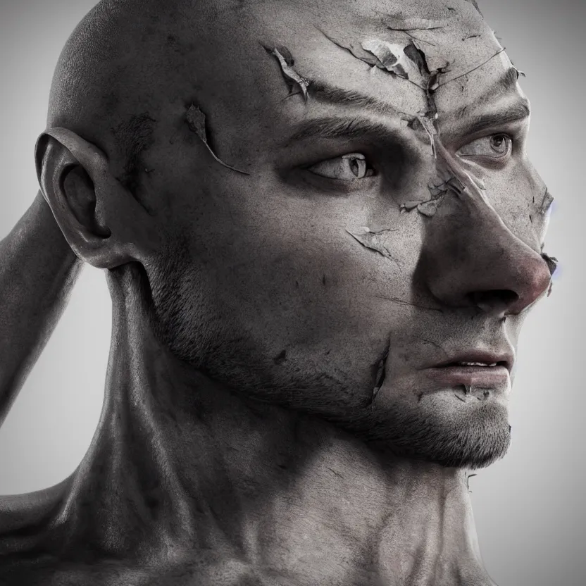 Image similar to a single muscular man wearing torn clothes, looking to the right, profile picture, hyperrealistic, concept art, octane render, unreal engine 5, trending on artstation, high quality, highly detailed, 8 k, dramatic lighting, cinematic, high coherence, anatomically correct, five fingers, digital art, seductive, black and white