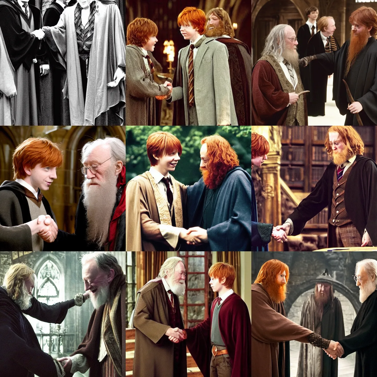 Prompt: ron Weasley shaking hands with dumbledore. He's won the house cup
