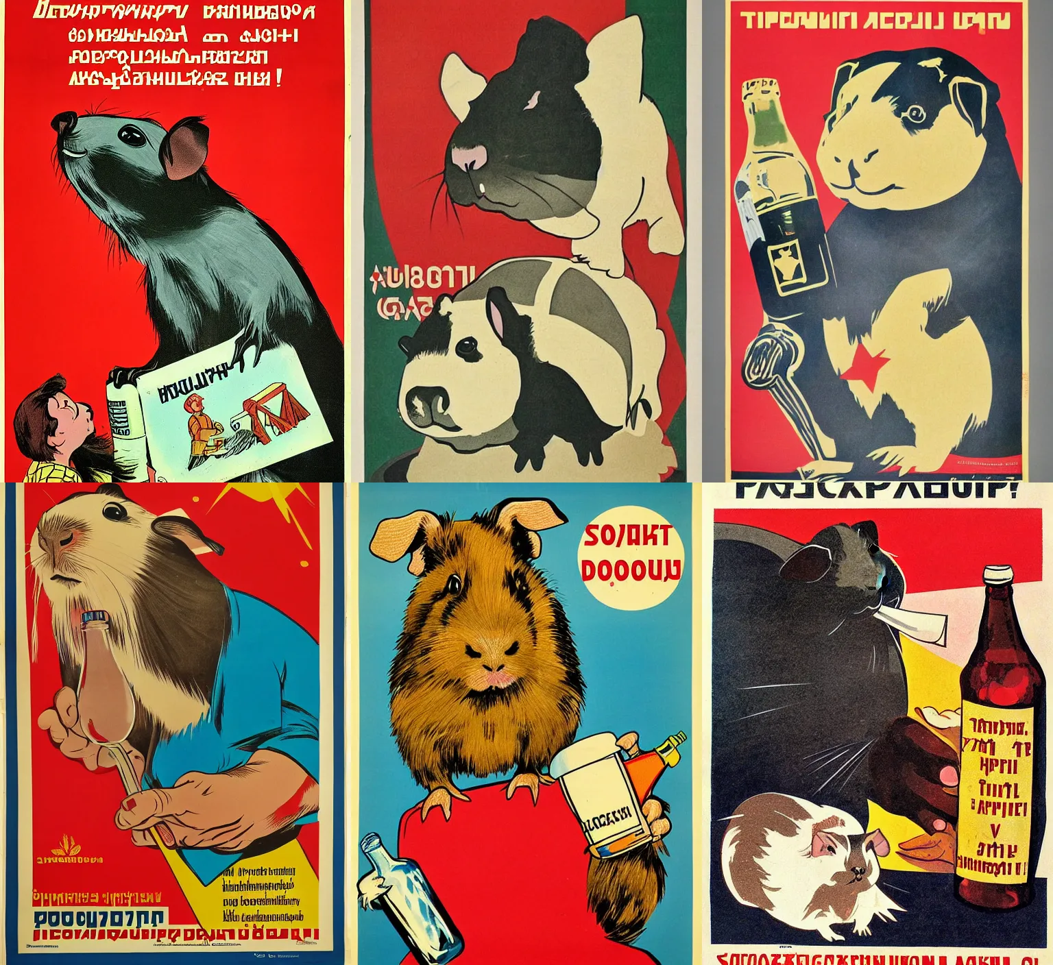 Prompt: soviet propaganda poster of a guinea pig denouncing alcohol use, print, reduced colors