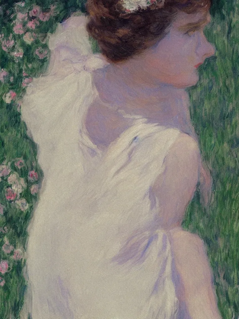 Image similar to portrait of < zelda fitzgerald > as a beautiful young lady wearing 1 9 2 0 s fashion, blurry face, brown hair, slim, fair, severe out of focus, depth of field, pleinairism, in the sun, backlit, closeup, oil on canvas, atr by monet, in the style of le promenade, smooth, impressionnisme, 8 k