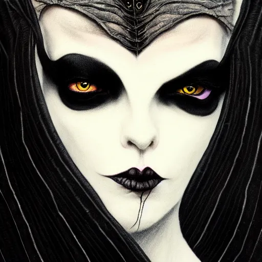 Image similar to portrait soft light, goth woman as mysterious supervillain and and black veil and modestly clothed victorian goth, black feathers instead of hair, black wings instead of arms, gray mottled skin, black feathers growing out of skin, transforming, by tim burton and brian froud, inspired by flash gordon, paintbrush, rough paper, fine,
