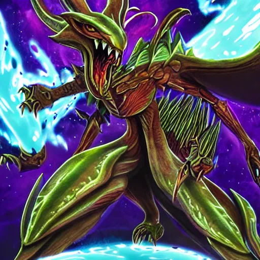 Prompt: ridley as a yu - gi - oh boss monster, card art, holo, highly detailed, intricate