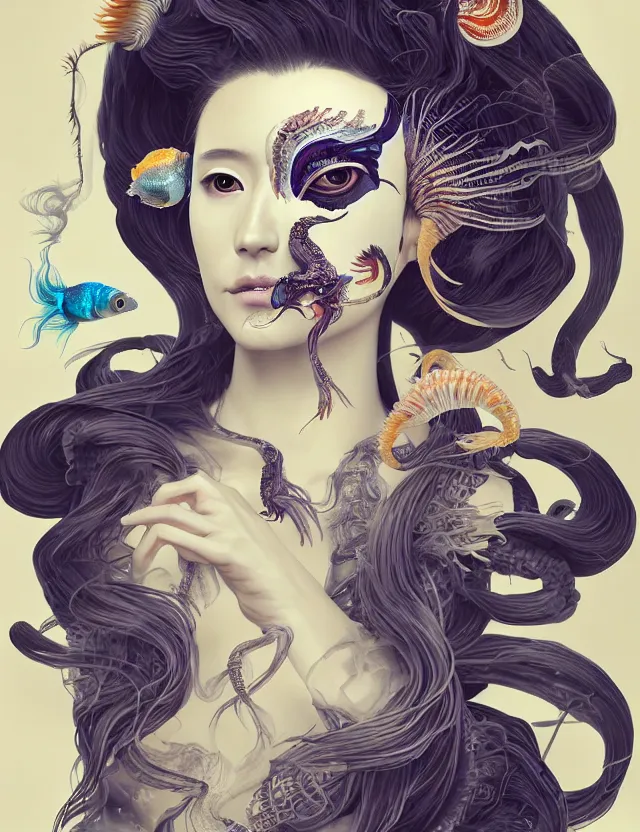 Image similar to 3 d goddess half - turn portrait with long hair with ram skull. beautiful intricately detailed japanese crow kitsune mask and clasical japanese kimono. betta fish, jellyfish phoenix, bio luminescent, plasma, ice, water, wind, creature, artwork by tooth wu and wlop and beeple and greg rutkowski