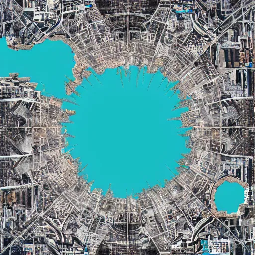 Prompt: birdview of city shaped into mandelbulb pattern