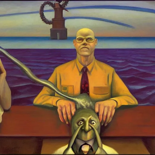 Image similar to release the kraken!, grant wood, pj crook, edward hopper, oil on canvas