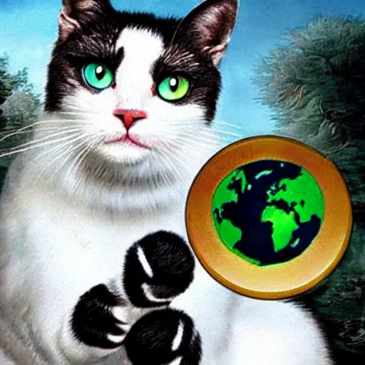 Image similar to white cat with black parts in fur, with green eyes holding planet earth with paws, the planet is on fire