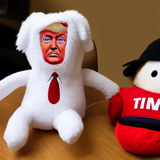 Image similar to donald trump as a plushy toy with prisoner clothes on