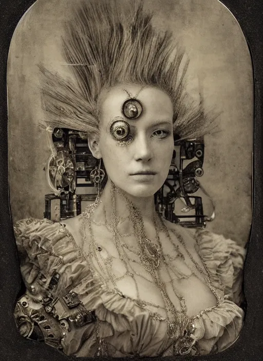 Image similar to old wetplate daguerreotype frame portrait of a futuristic silver armored marie antoinette cyborg, fractal, intricate, elegant, highly detailed, subsurface scattering, by jheronimus bosch and greg rutkowski and louis jacques mande daguerre