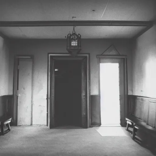 Image similar to creepy church nursery liminal space, dark photograph