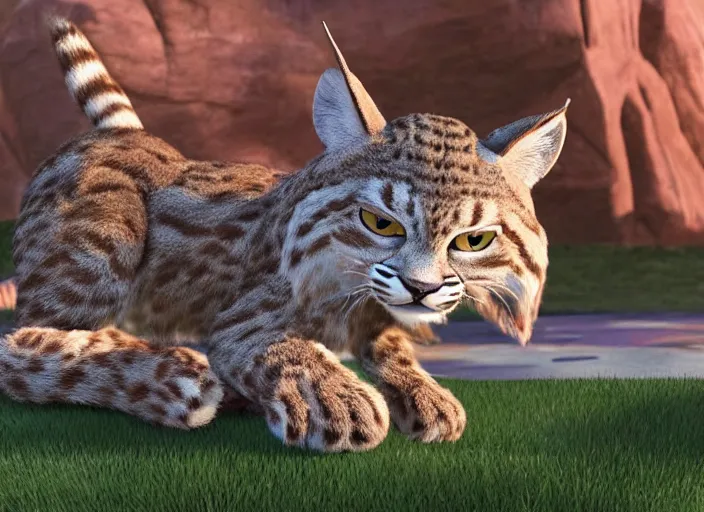 Image similar to Bubsy the bobcat starring in his new movie. 3D pixar animation