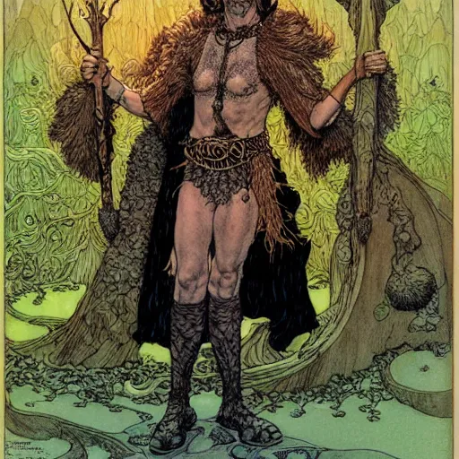 Image similar to a high fantasy portrait of bill murray as a mystical druidic warrior wizard giving the camera the finger by rebecca guay, michael kaluta, charles vess and jean moebius giraud