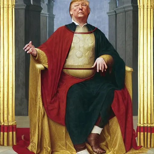 Prompt: Donald Trump as medieval king, sit on throne, bouguereau