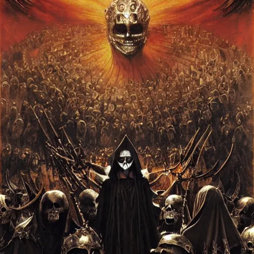 Image similar to dante's inferno, with people in black hooded tunic like in the film eyes wide shut of stanley kubrick, illuminati symbol, crows, skeletons, crosses, dark beauty, rotten gold, perfect faces, extremely detailed. highly detailed painting by gaston bussiere, craig mullins j. c. leyendecker 8 k