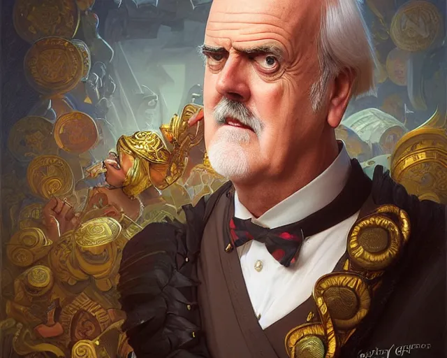 Image similar to john cleese looking totally surprised, photography of kurzgesagt, deep focus, d & d, fantasy, intricate, elegant, highly detailed, digital painting, artstation, concept art, matte, sharp focus, illustration, hearthstone, art by artgerm and greg rutkowski and alphonse mucha