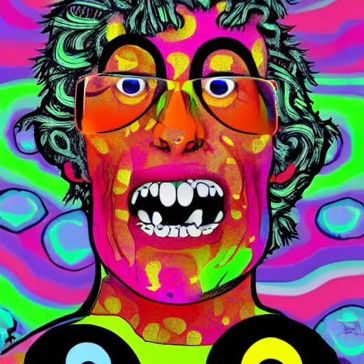 Image similar to man with a tab of lsd on his tounge, digital art by mad dog jones