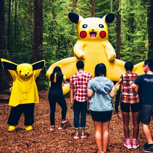 Image similar to a photograph of a group of people worshipping a giant pikachu in a forest. photo. photography. high quality. 4 k. 8 k