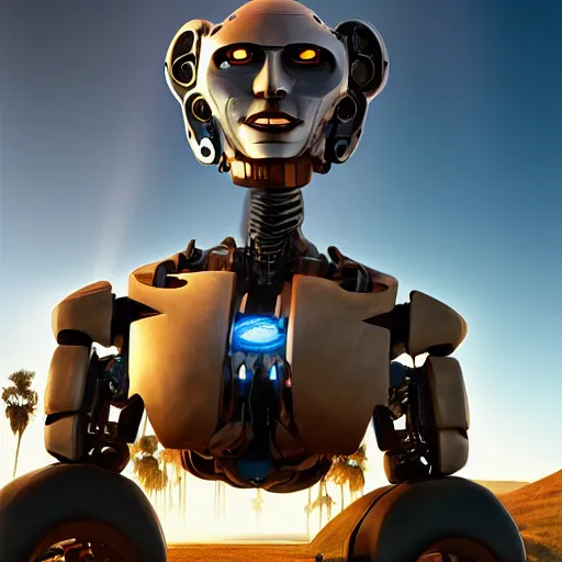 Image similar to Giant half-robotic head of David Copperfield with wheels running on a californian highway, rays of light, particles light, kuvshinov ilya, unreal engine, by sasha kalinkin
