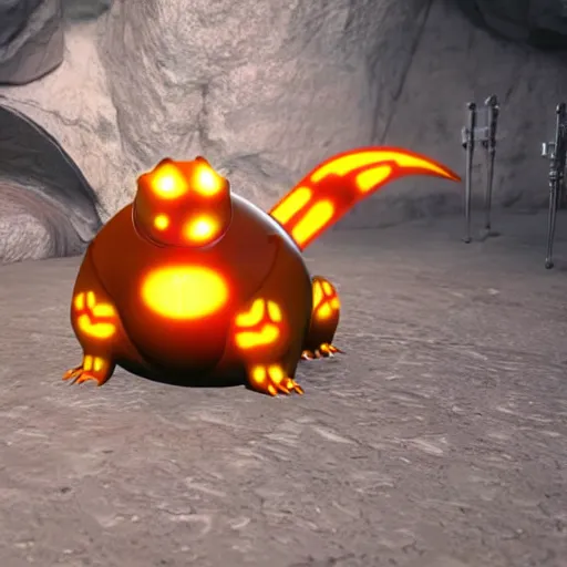Prompt: cybertronic metallic Charmander, in a cave, unreal engine