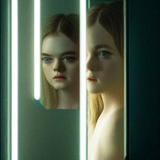 Image similar to silhouette of a Elle Fanning gazing in a mirror, pitch black room, extremely detailed realist masterpiece, oil on canvas, low-key neon lighting, artstation, Blade Runner 2049, Roger Deakin’s cinematography, by Edward Hopper and Adam Miller,