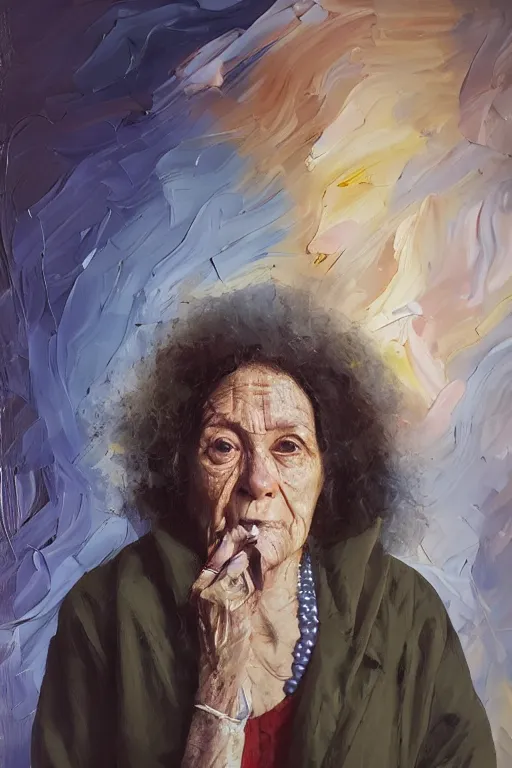 Prompt: palette knife oil painting portrait of ariadne, a mysterious spiritual guide who is a chain smoking old lady in an ashen trench coat. extreme detail, any racial background, artstation trending, artgerm, deviant art, octane, substance, art history 8 k