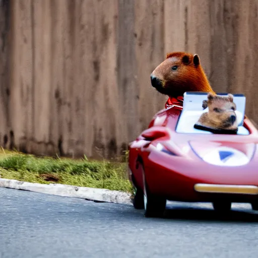 Prompt: capybara speeding in a covnertible, detailed capybara, movie still, dslr 5 5 mm