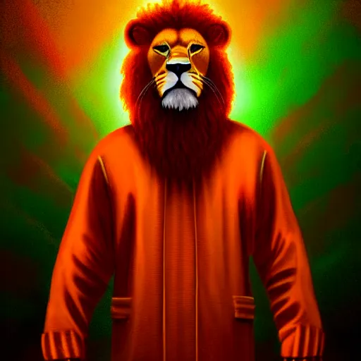 Image similar to imposing lion convict dressed in an orange prison jumpsuit, 8 k resolution digital painting, cinematic lighting, by jason felix steve argyle tyler jacobson, neon glow soft bokeh