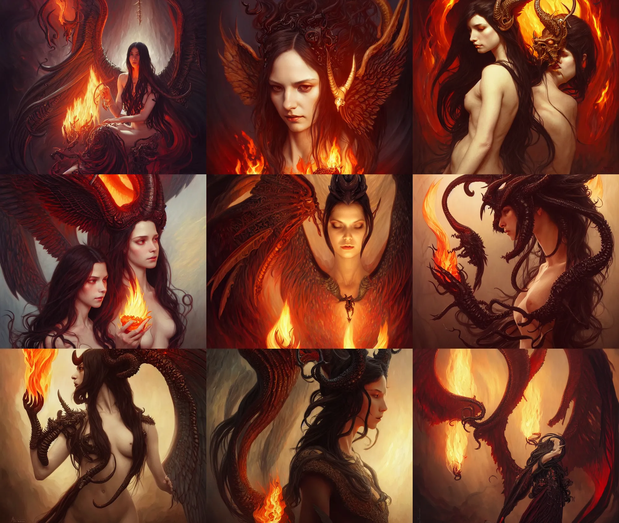 Prompt: a great lucifer, great wings, demon horn, fire above head, long dark hair, intricate, elegant, highly detailed, lovecraft horror, highly detailed, digital painting, artstation, concept art, smooth, sharp focus, illustration, art by artgerm and greg rutkowski and alphonse mucha