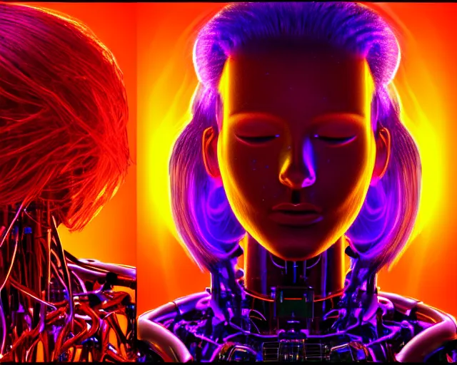 Image similar to glowing hair, complex cybernetic beings, beautiful hairy humanoids, cybermagnetosphere, cybernetic civilizations, ornate hair, love, joy, vortexes, large arrays, data holograms, 8 k, cinematic light shadows, wet hdr refractions, *, * * *, * * * * *