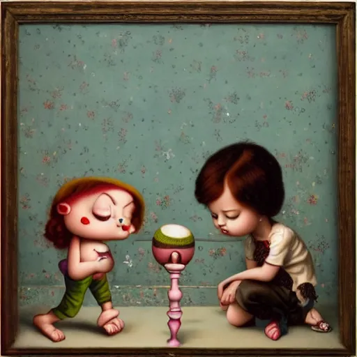 Image similar to children playing scene, lowbrow painting by mark ryden