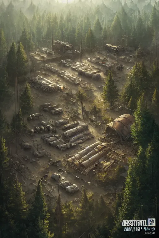 Prompt: a highly detailed matte painting of a post - apocalyptic military encampment in the forest aerial view, by studio ghibli, makoto shinkai, by artgerm, by wlop, by greg rutkowski, volumetric lighting, octane render, 4 k resolution, trending on artstation, masterpiece