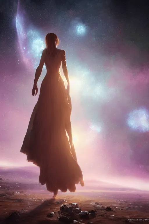 Image similar to a woman, wearing a dress made of stars and nebulae, dramatic, volumetric lighting, planets in the background, smooth, sharp focus, very detailed, by greg rutkowski, artstation, tom badshaw, 8 k, symmetrical face