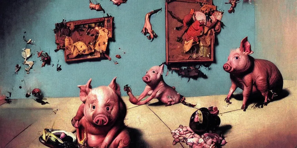 Prompt: a hyperrealistic photo of a little piglet with fangs by francis bacon, surreal, norman rockwell and james jean, greg hildebrandt, and mark brooks, triadic color scheme, by greg rutkowski, in the style of francis bacon and syd mead and edward hopper and norman rockwell and beksinski, dark surrealism, open ceiling. highly detailed professional photograph