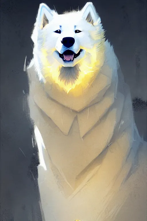 Image similar to greg rutkowski portrait of a heroic samoyed