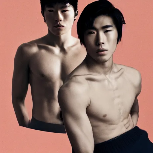 Prompt: a beautiful athletic slim japanese male posing with a beautiful athletic slim mexican male, they are sourrounded by ombre colored mist, award winning photography by annie leibovitz for paper magazine