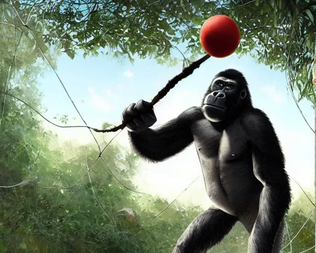 Image similar to a gorilla holding a volleyball and playing volleyball in a jungle, volleyball net, in the style of greg rutkowski, high detail