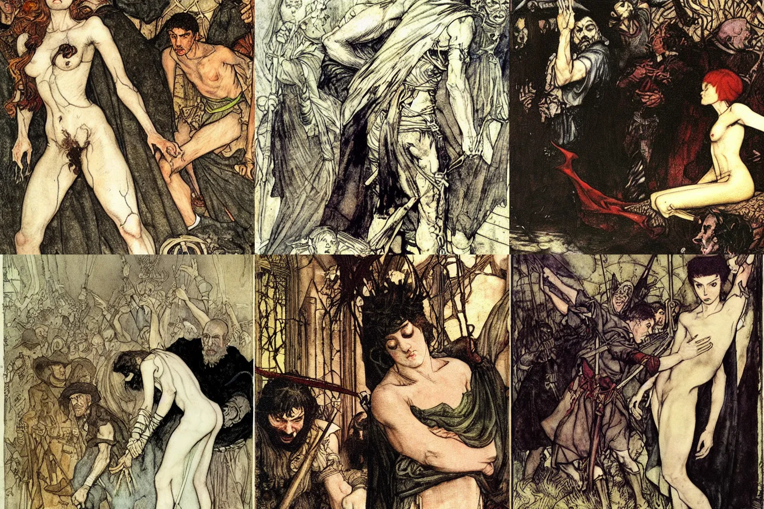 Prompt: the blood is loosed, mere anarchy is loosed upon the world. painting by diego velazquez, arthur rackham and milo manara.