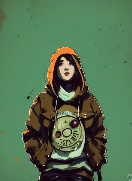 Image similar to highly detailed portrait of a sewer style seattle student, tartan hoody, by atey ghailan, by greg rutkowski, by greg tocchini, by james gilleard, by joe fenton, by kaethe butcher, gradient green, brown, blonde crea, orange, brown and white color scheme, grunge aesthetic!!! ( ( graffiti tag wall background ) )