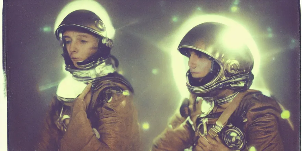 Prompt: vintage polaroid analog photo of a beautiful young gay man wearing a space helmet, leather harness, stars, warm azure tones, heavy lensflare, color bleed, film grain, depth of field, jules bastien - lepage, rudolph belarski, johfra bosschart, alexandre cabanel